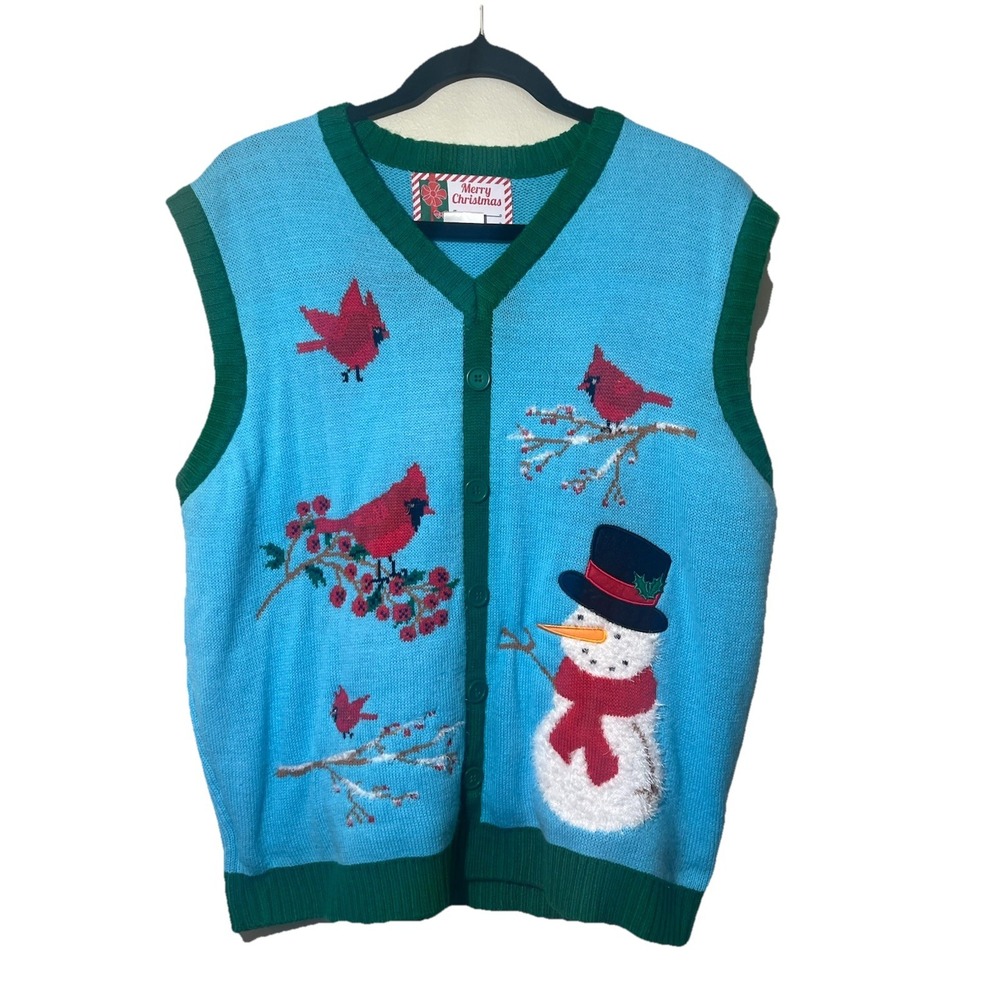 Merry Christmas Sweater Vest‎ Women XL Embroidered Faux Button Cardinals Frosty